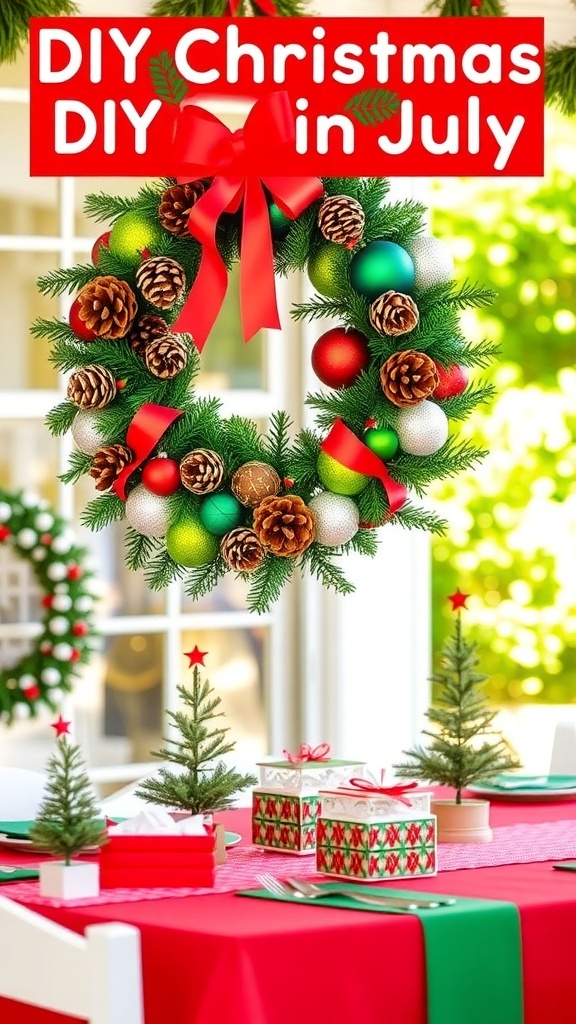 A cheerful arrangement of DIY Christmas decorations for July, including a wreath and a decorated table.
